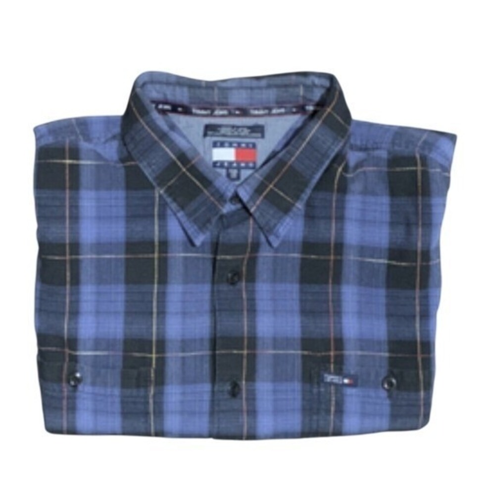 Tommy Jeans Mens XXL Blue Plaid Flannel Button Down Casual Shirt Excellent - Picture 8 of 8